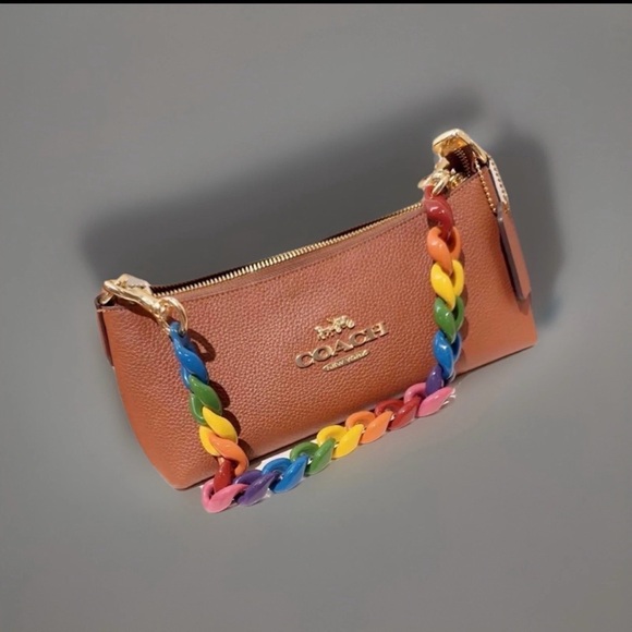 COACH Charlotte Brown Leather Shoulder Bag With Rainbow Chain Limited Edition - Picture 9 of 11